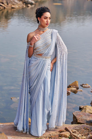 Nidhika Shekhar-Aqua Drape Embellished Sari And Cape Set-INDIASPOPUP.COM