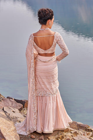 Nidhika Shekhar-Pink Fish Cut Drape Embellished Sari And Blouse-INDIASPOPUP.COM