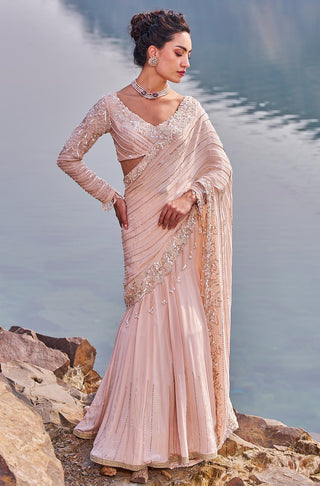 Nidhika Shekhar-Pink Fish Cut Drape Embellished Sari And Blouse-INDIASPOPUP.COM
