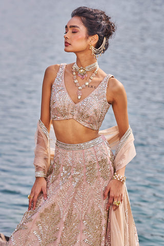 Nidhika Shekhar-Salmon Pink Embellished Lehenga Set-INDIASPOPUP.COM