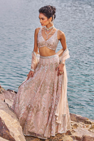 Nidhika Shekhar-Salmon Pink Embellished Lehenga Set-INDIASPOPUP.COM
