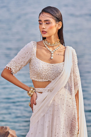 Nidhika Shekhar-Ivory Drape Ruffle Sari Set-INDIASPOPUP.COM