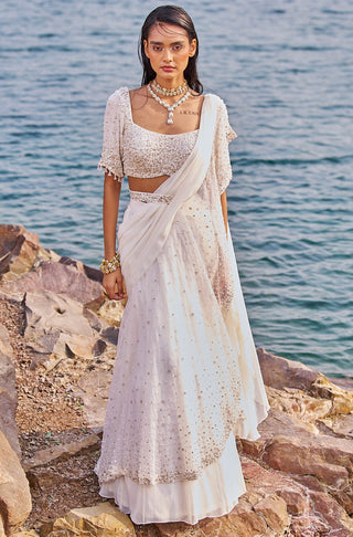 Nidhika Shekhar-Ivory Drape Ruffle Sari Set-INDIASPOPUP.COM