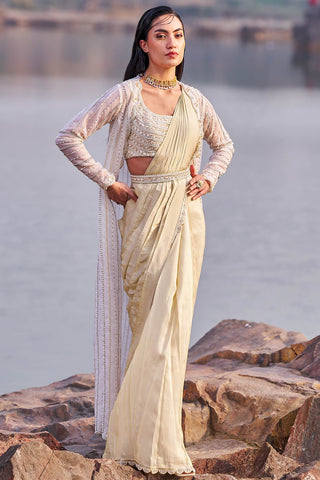 Nidhika Shekhar-Ivory Gold Sari And Cape Set-INDIASPOPUP.COM