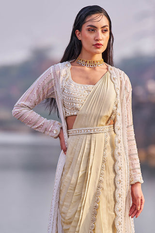 Nidhika Shekhar-Ivory Gold Sari And Cape Set-INDIASPOPUP.COM