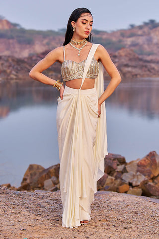 Nidhika Shekhar-Gold Drape Sari And Blouse-INDIASPOPUP.COM