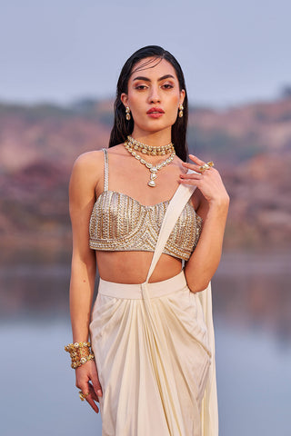 Nidhika Shekhar-Gold Drape Sari And Blouse-INDIASPOPUP.COM