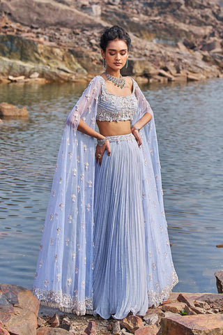 Nidhika Shekhar-Aqua Crinkle Georgette Lehenga And Blouse-INDIASPOPUP.COM