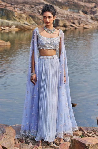 Nidhika Shekhar-Aqua Crinkle Georgette Lehenga And Blouse-INDIASPOPUP.COM