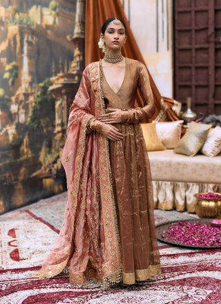 Copper and red kanthi anarkali set