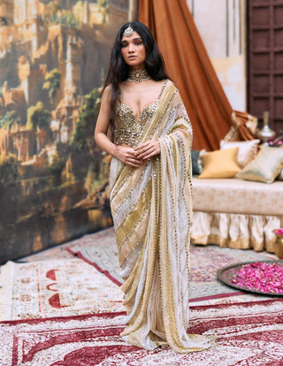 Silver and green and gold kanakjyoti sari and corset