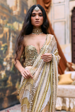 Silver and green and gold kanakjyoti sari and corset