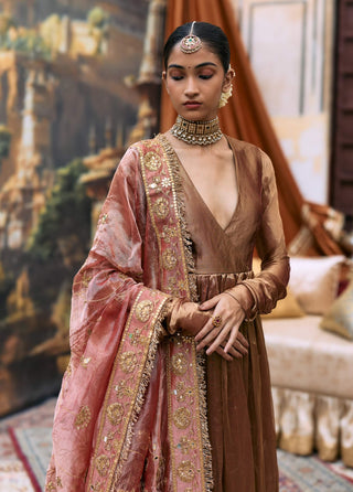 Copper and red kanthi anarkali set