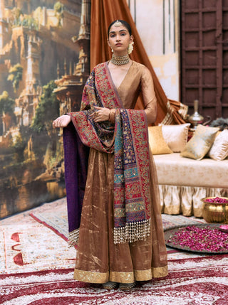 Copper and purple kanthi anarkali set