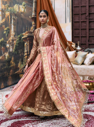 Copper and red kanthi anarkali set