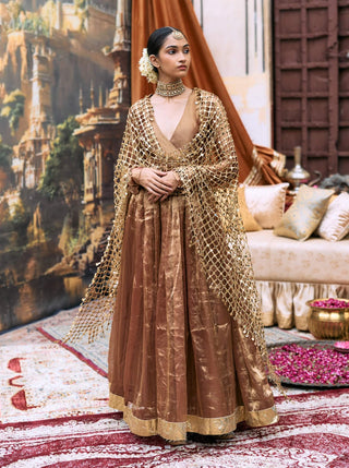 Copper kanthi anarkali and jaal dupatta set