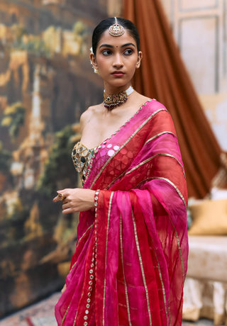 Red and pink kumudini sari and corset