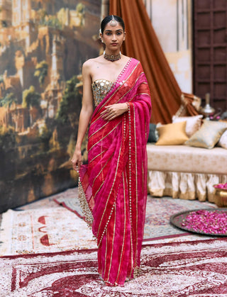 Red and pink kumudini sari and corset