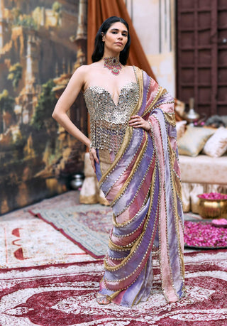 Pink and lilac and green rangmala sari and corset