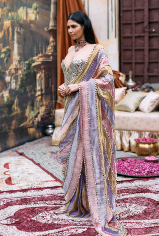 Pink and lilac and green rangmala sari and corset