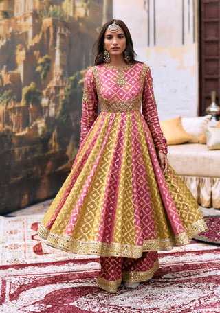 Pink yellow-green torana anarkali set