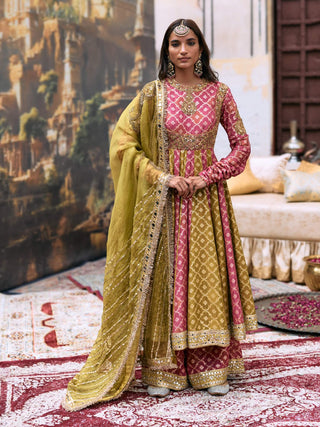 Pink yellow-green torana anarkali set