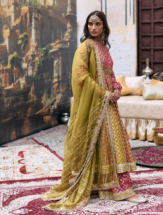 Pink yellow-green torana anarkali set
