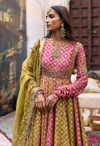 Pink yellow-green torana anarkali set