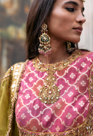 Pink yellow-green torana anarkali set