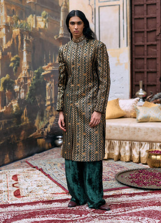 Green and black vajra sherwani set