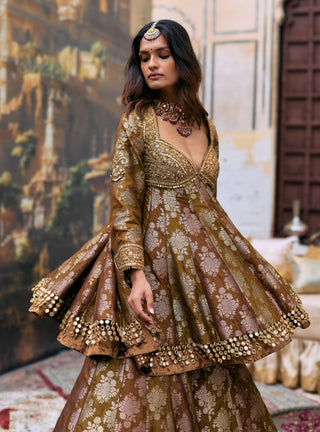 Olive & brown shriphal peplum sharara set