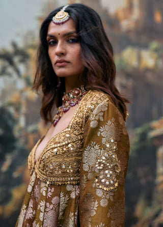 Olive & brown shriphal peplum sharara set