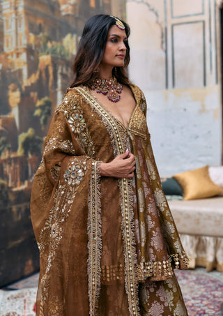 Olive & brown shriphal peplum sharara set