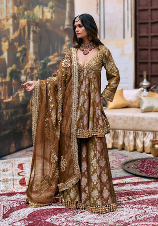Olive & brown shriphal peplum sharara set