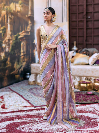 Pink and lilac and green rangmala sari and blouse