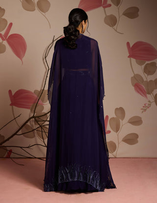 Midnight blue embellished choli, cape and lehenga