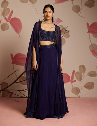 Midnight blue embellished choli, cape and lehenga