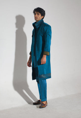 Jatin Malik-Teal Blue Shacket And Trouser Set-INDIASPOPUP.COM