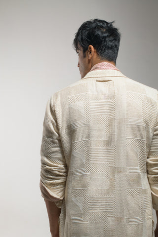 Jatin Malik-Beige Textured Overcoat And Trouser Set-INDIASPOPUP.COM