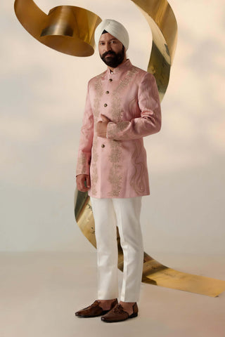 Jatin Malik-Rose Quartz Bandhgala And Trousers-INDIASPOPUP.COM