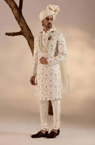 Jatin Malik-Jamawar White Sherwani Set-INDIASPOPUP.COM