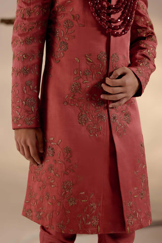 Jatin Malik-Red Ochre Linen Silk Sherwani Set-INDIASPOPUP.COM