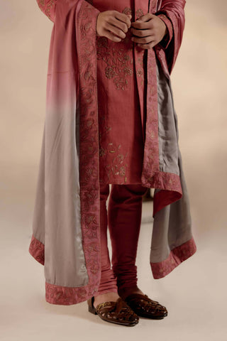 Jatin Malik-Red Ochre Linen Silk Sherwani Set-INDIASPOPUP.COM
