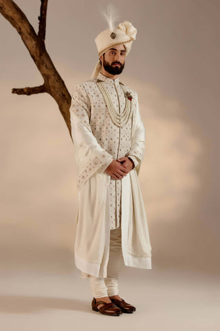 Jatin Malik-Albino White Linen Silk Sherwani Set-INDIASPOPUP.COM