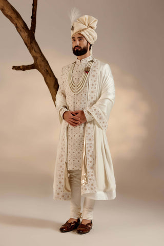 Jatin Malik-Albino White Linen Silk Sherwani Set-INDIASPOPUP.COM