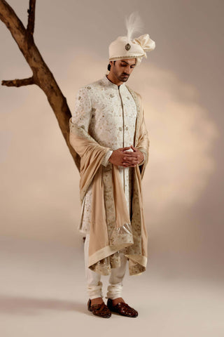 Jatin Malik-Ivory And Gold Linen Silk Sherwani Set-INDIASPOPUP.COM