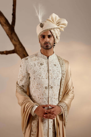 Jatin Malik-Ivory And Gold Linen Silk Sherwani Set-INDIASPOPUP.COM
