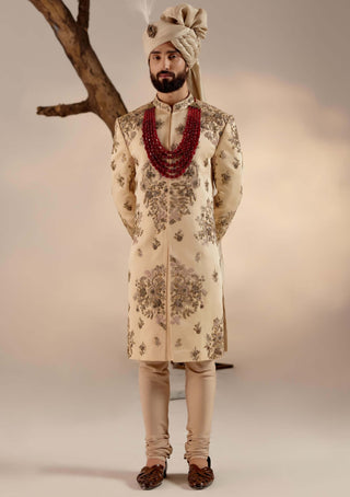 Jatin Malik-Frosted Almond Linen Silk Sherwani Set-INDIASPOPUP.COM