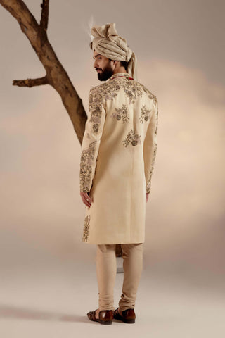 Jatin Malik-Frosted Almond Linen Silk Sherwani Set-INDIASPOPUP.COM