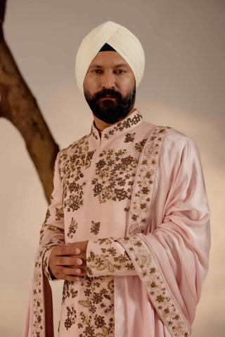 Jatin Malik-Shell Pink Linen Silk Sherwani Set-INDIASPOPUP.COM